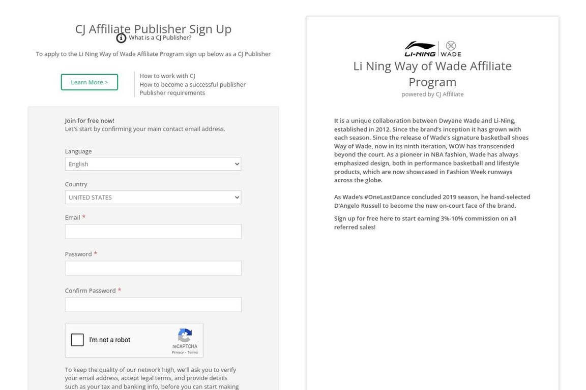 Li Ning Way of Wade affiliate program signup page