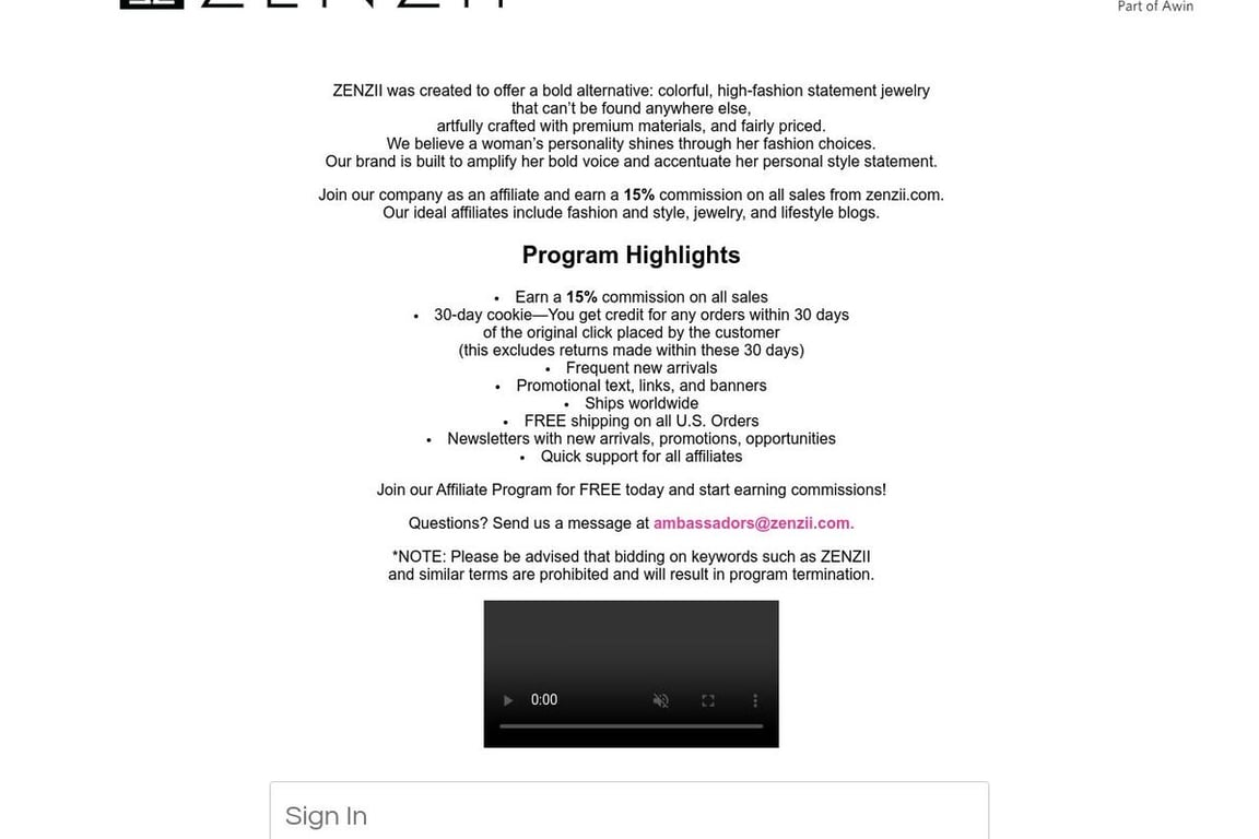 ZENZII affiliate program signup page