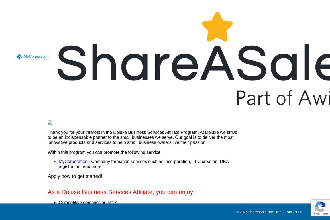 My Corporation Preferred affiliate program signup page