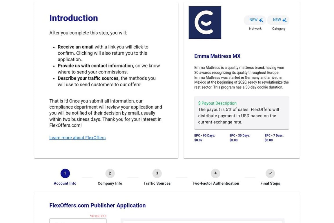 Emma Mattress MX affiliate program signup page