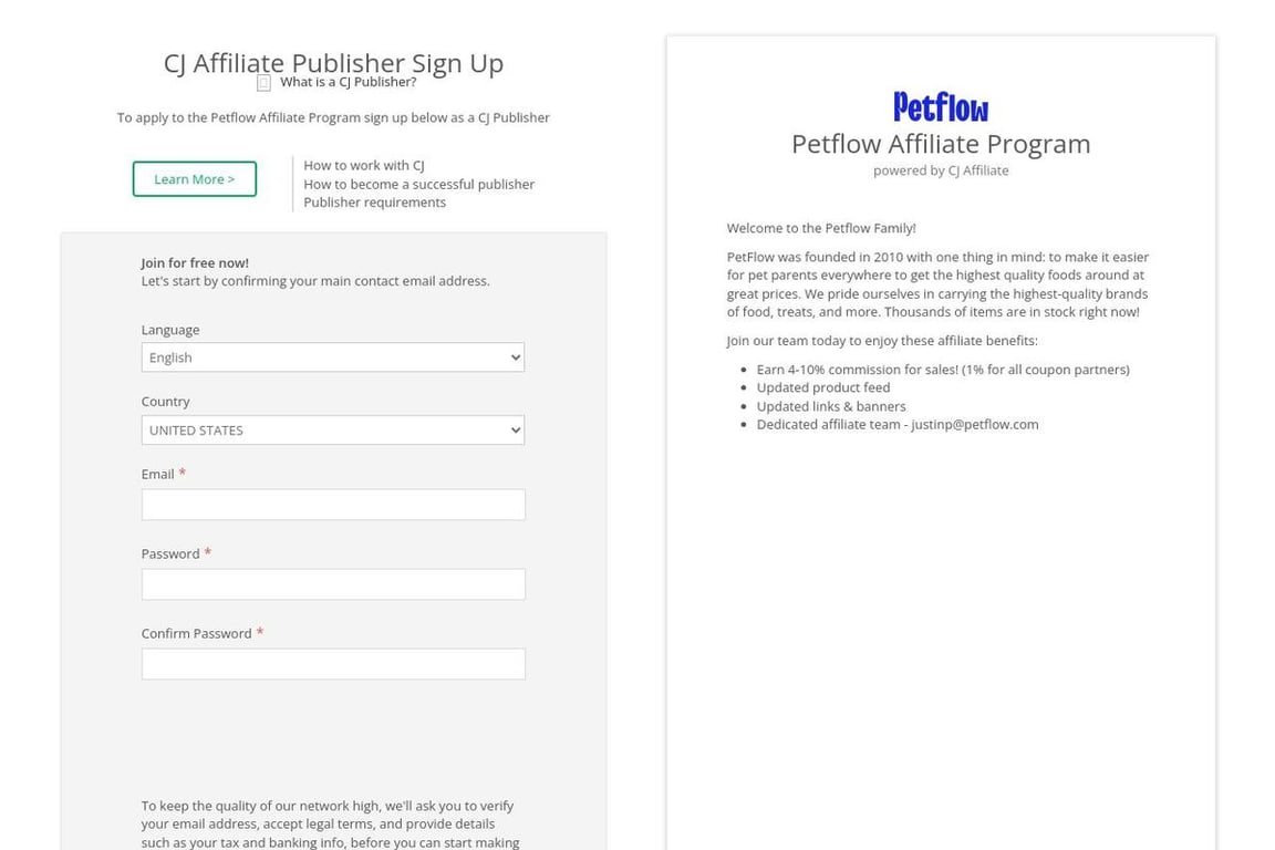 PetFlow Preferred affiliate program signup page