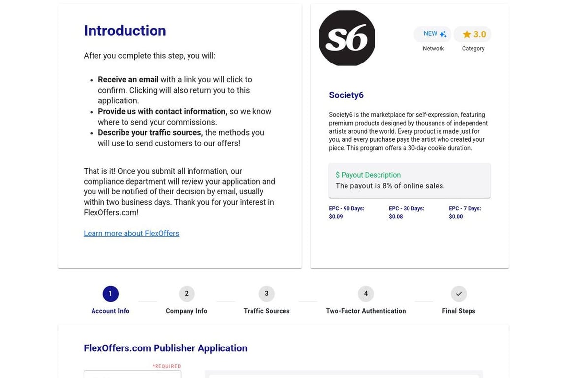 Society6 affiliate program signup page