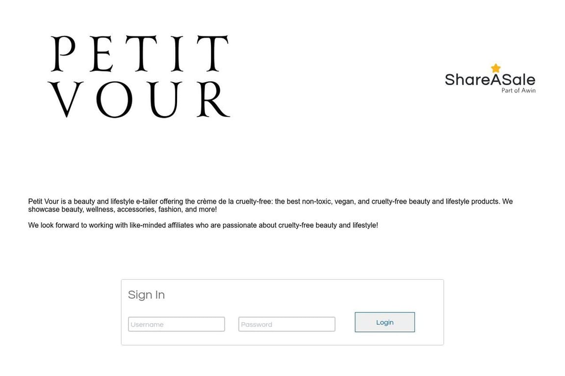 Petit Vour affiliate program signup page