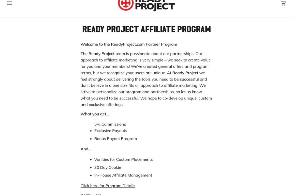 Ready Project affiliate program signup page