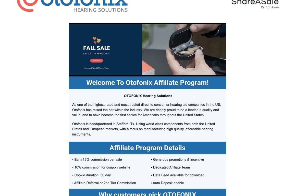 Otofonix affiliate program signup page