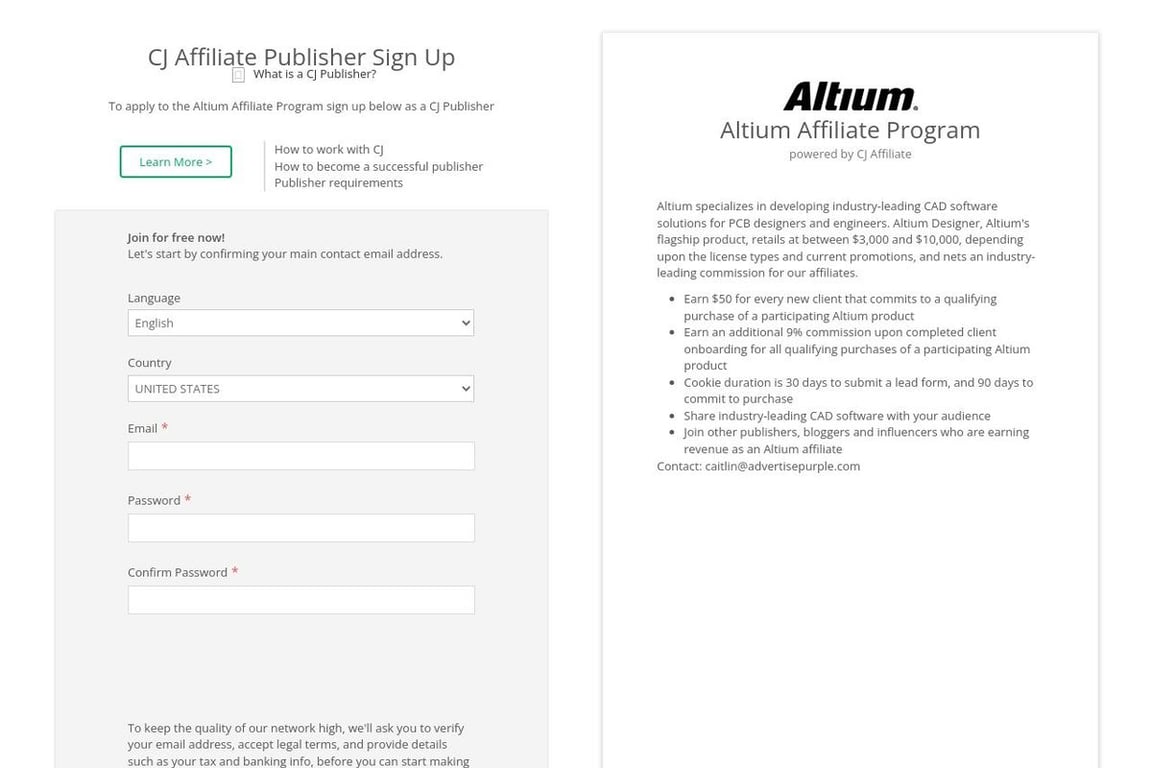 Altium affiliate program signup page