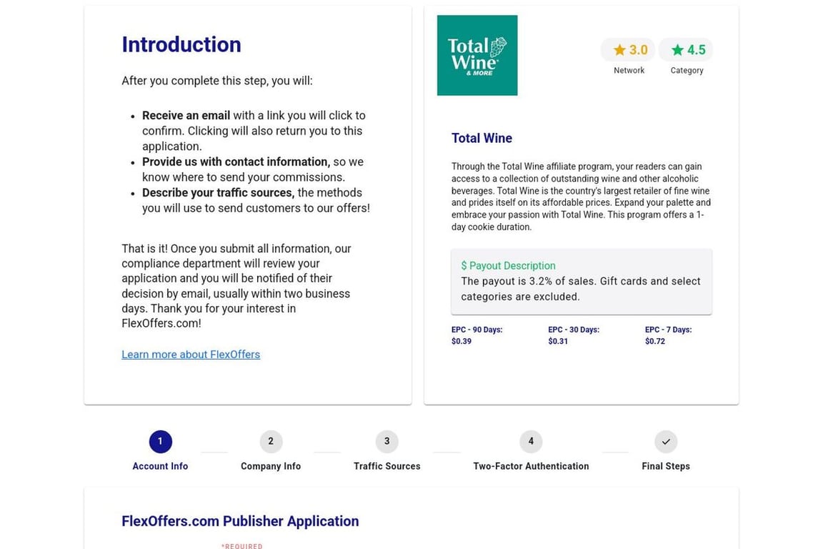 Total Wine affiliate program signup page