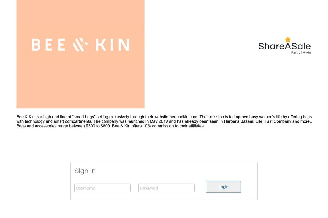 BEE AND KIN affiliate program signup page