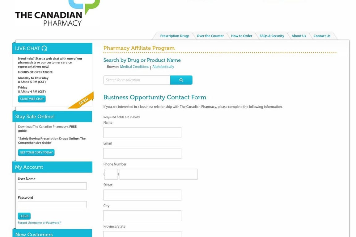 The Canadian Pharmacy affiliate program signup page