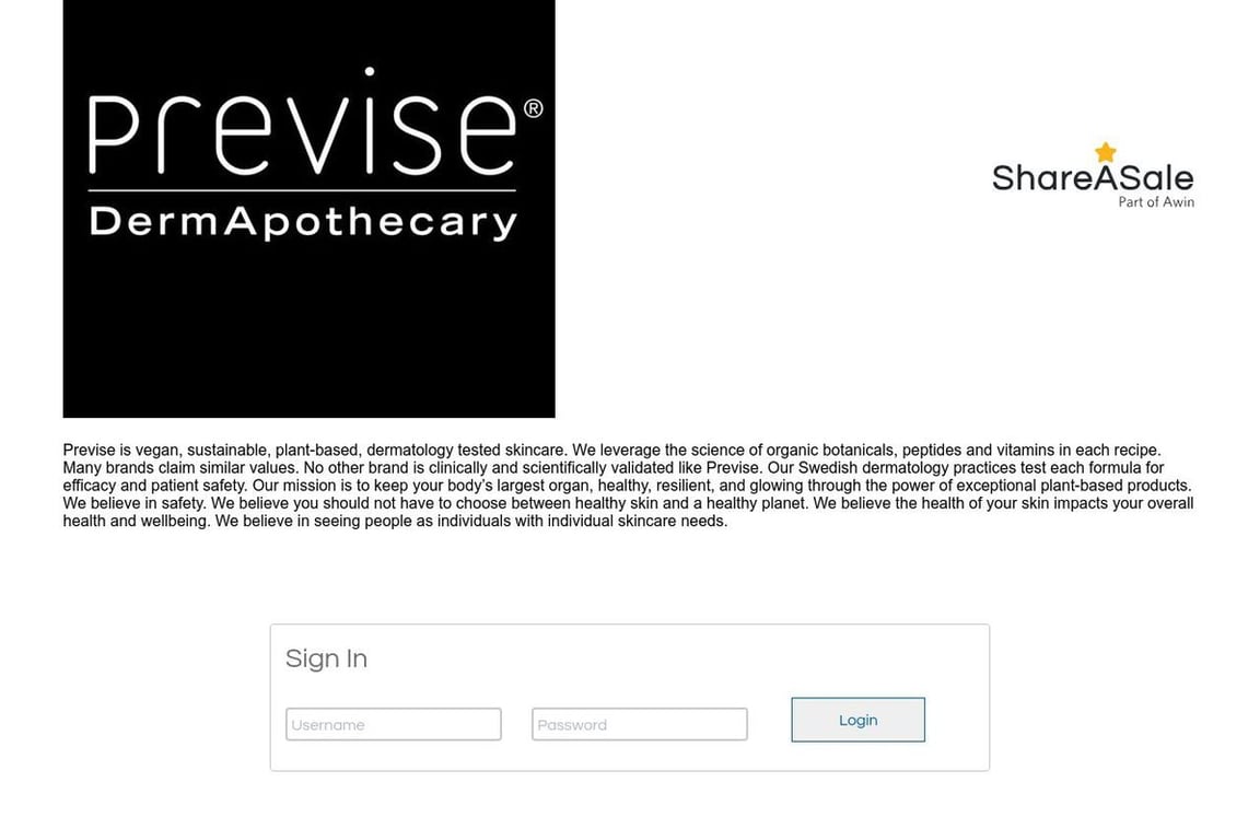 Previse Skincare affiliate program signup page