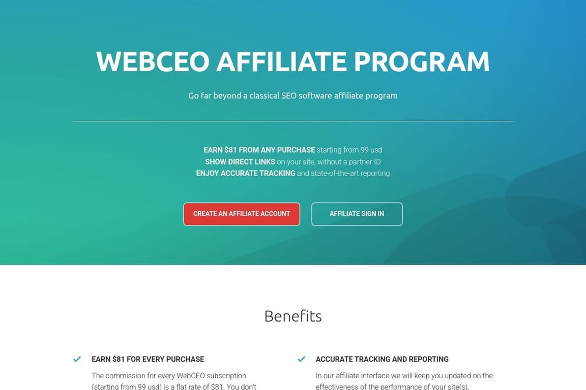 WebCEO affiliate program signup page