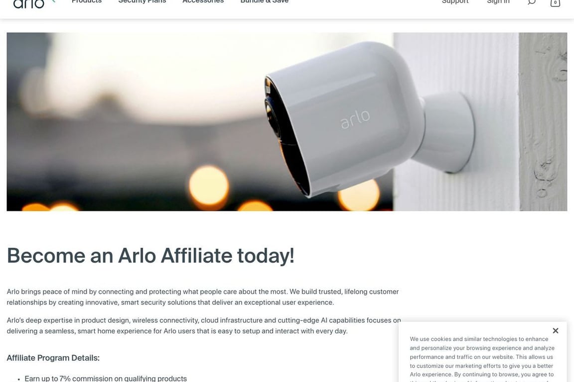 Arlo affiliate program signup page