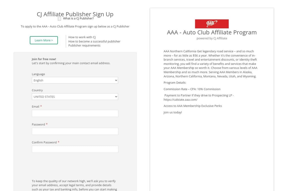 AAA – Auto Club affiliate program signup page