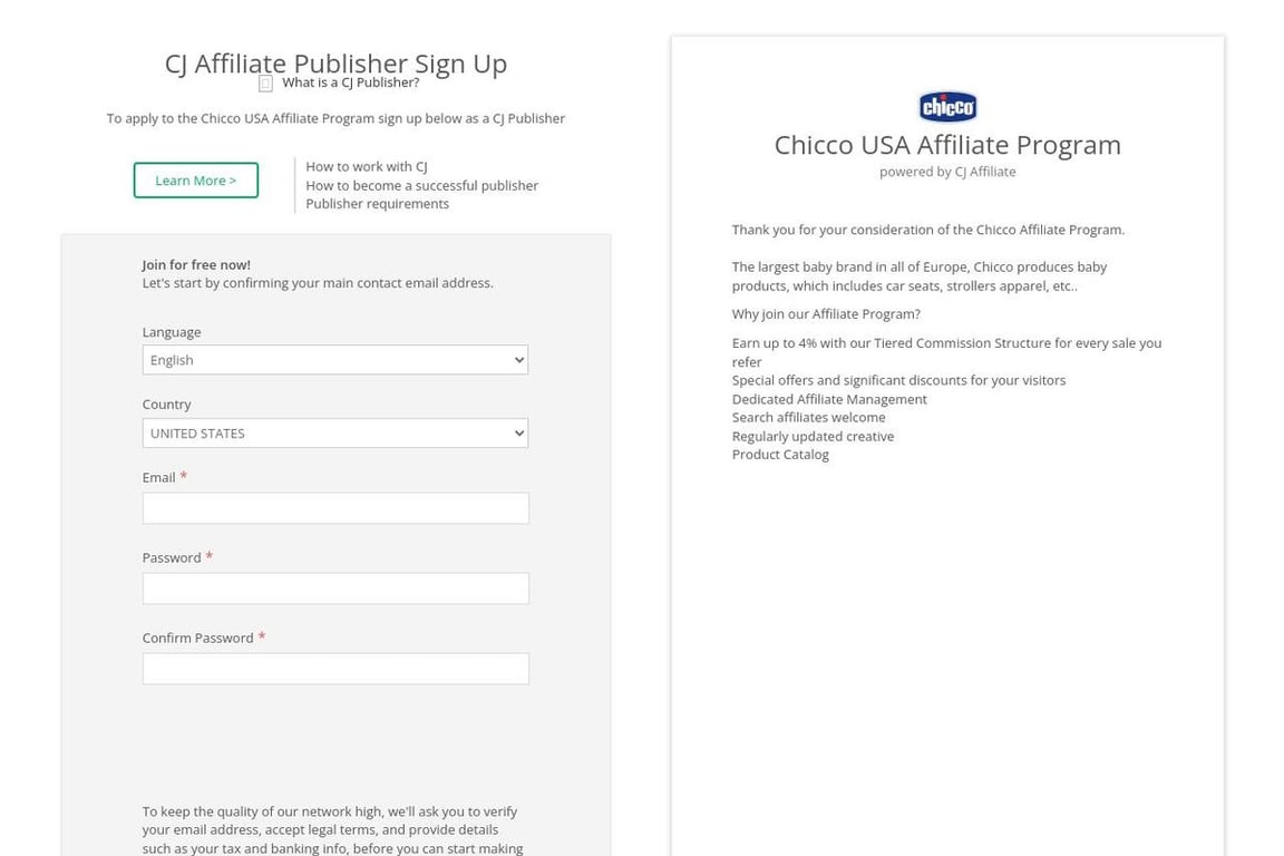 Chicco affiliate program signup page