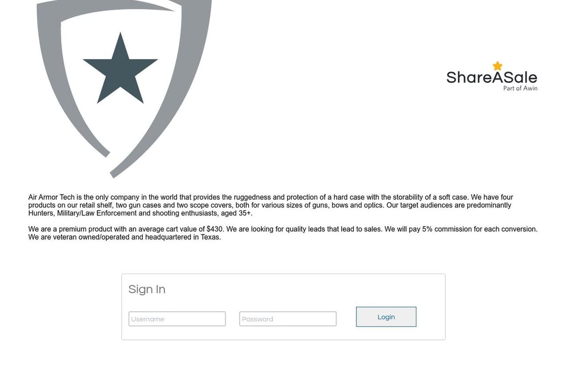 Air Armor Tech LLC affiliate program signup page