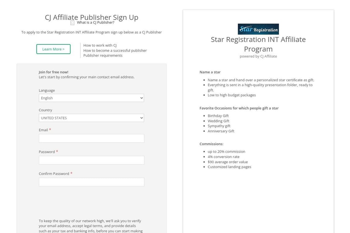 Star Registration affiliate program signup page