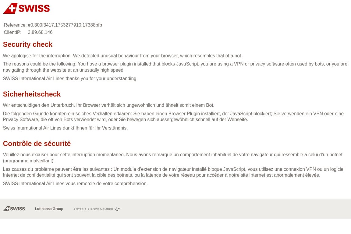 Swiss International Air Lines homepage