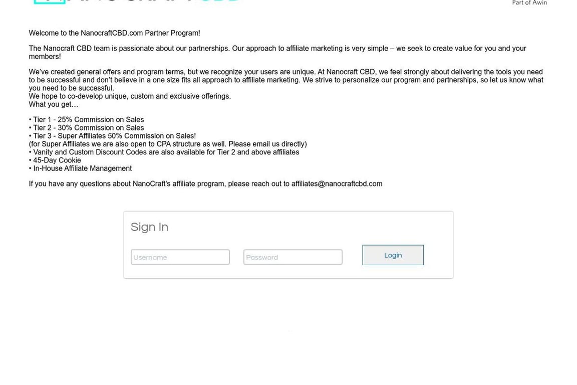 Nanocraft CBD affiliate program signup page