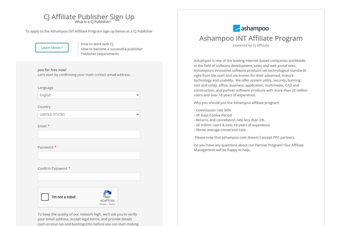 Ashampoo affiliate program signup page