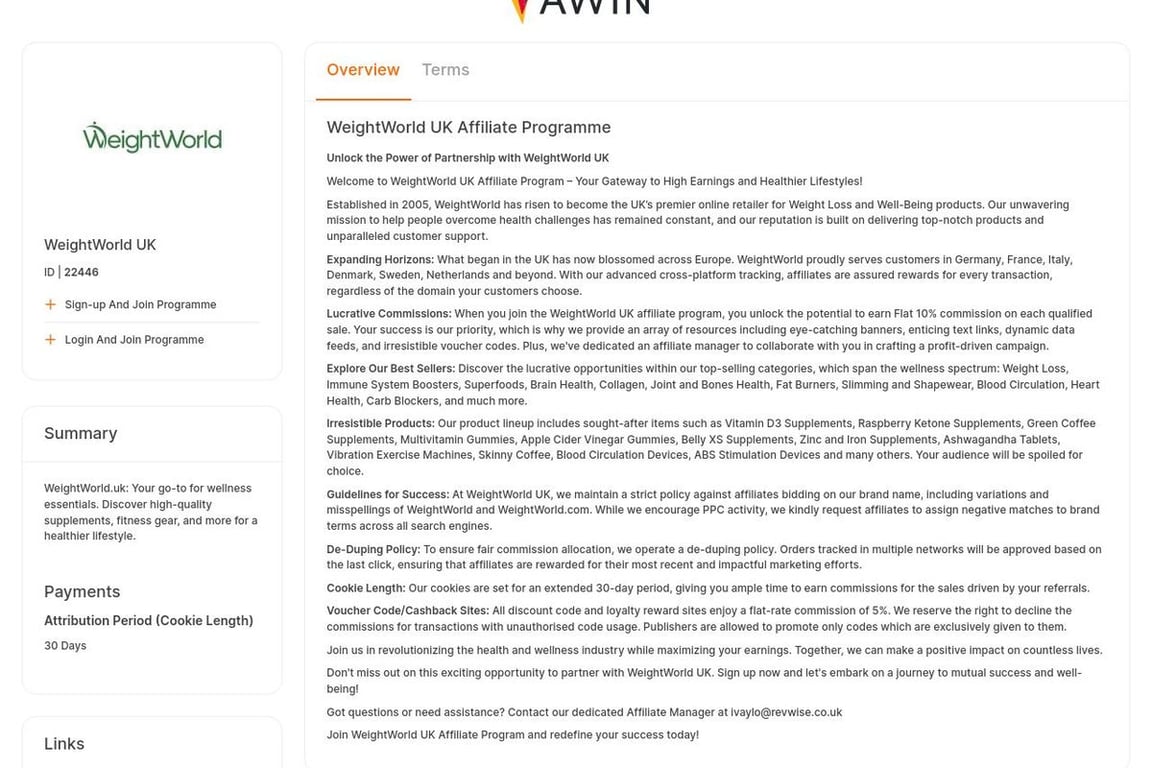 WeightWorld UK affiliate program signup page