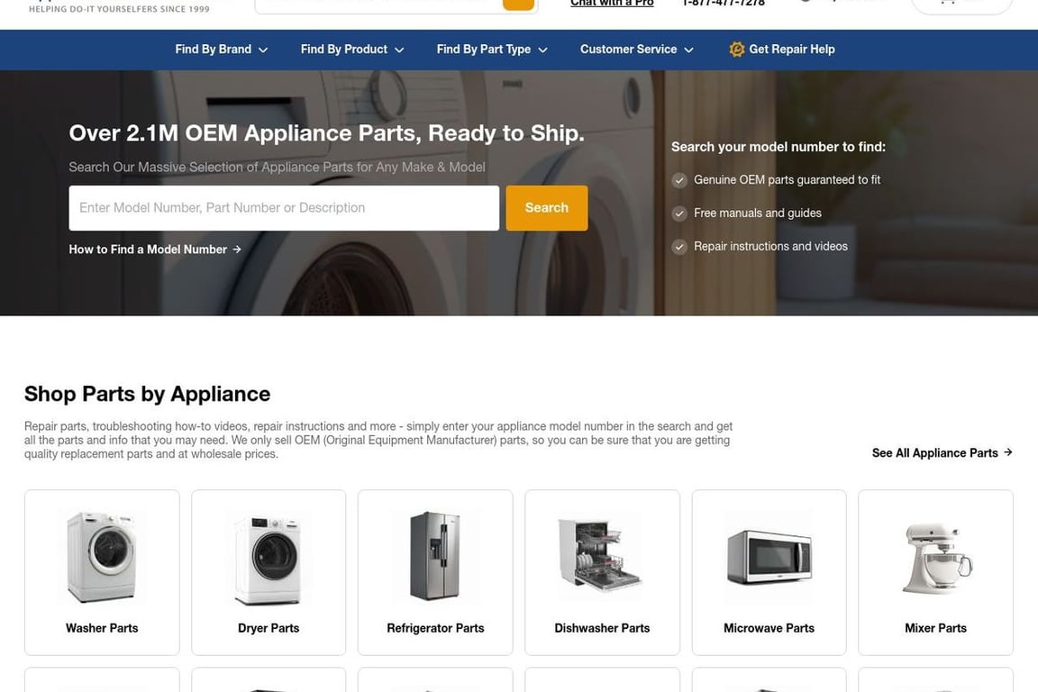 Appliance Parts Pros homepage
