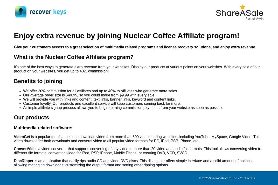 Recover keys affiliate program signup page
