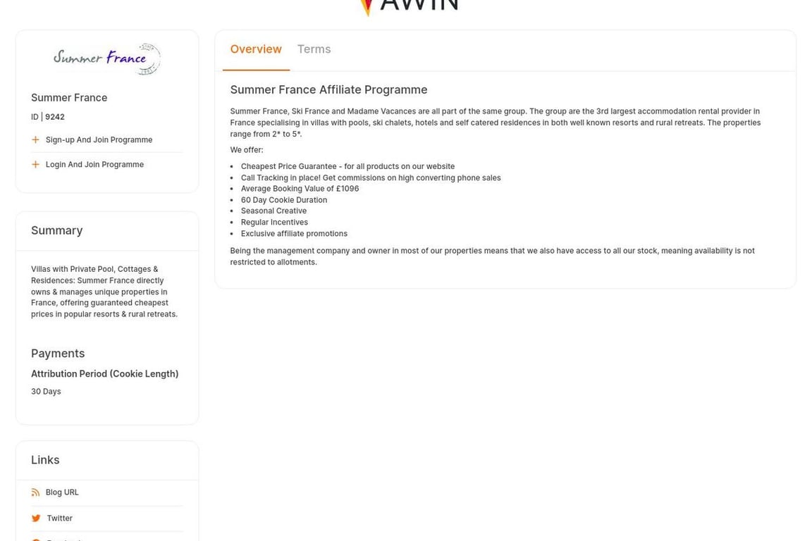 Summer France UK affiliate program signup page