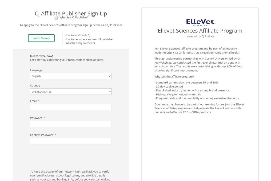 Ellevet Sciences affiliate program signup page