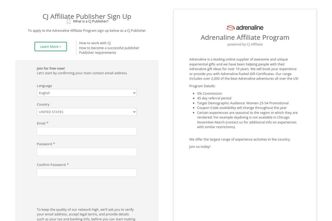 Adrenaline affiliate program signup page