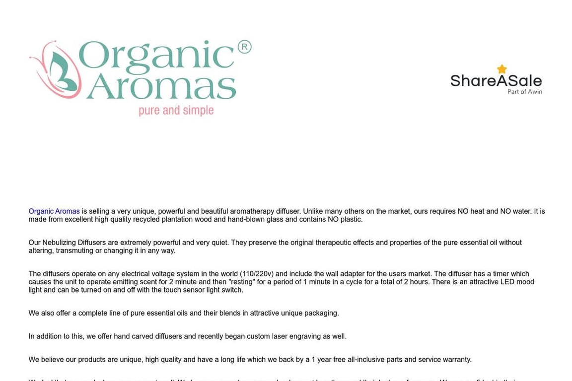 Organic Aromas affiliate program signup page