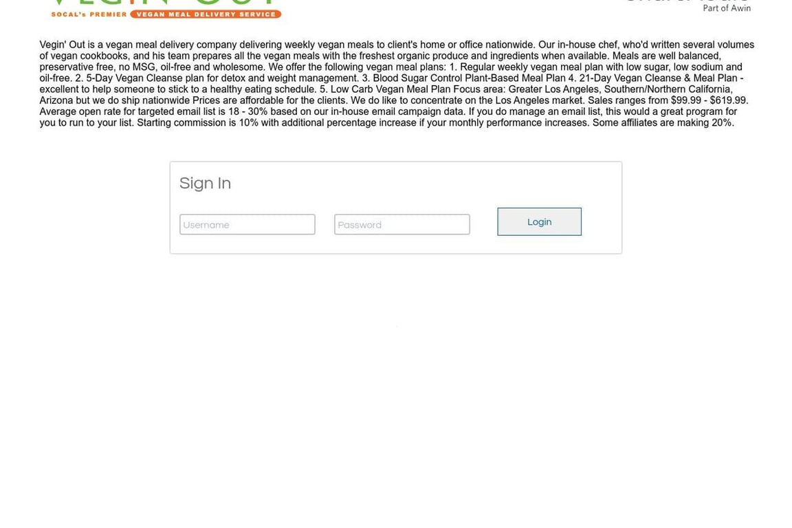 Vegin’ Out affiliate program signup page
