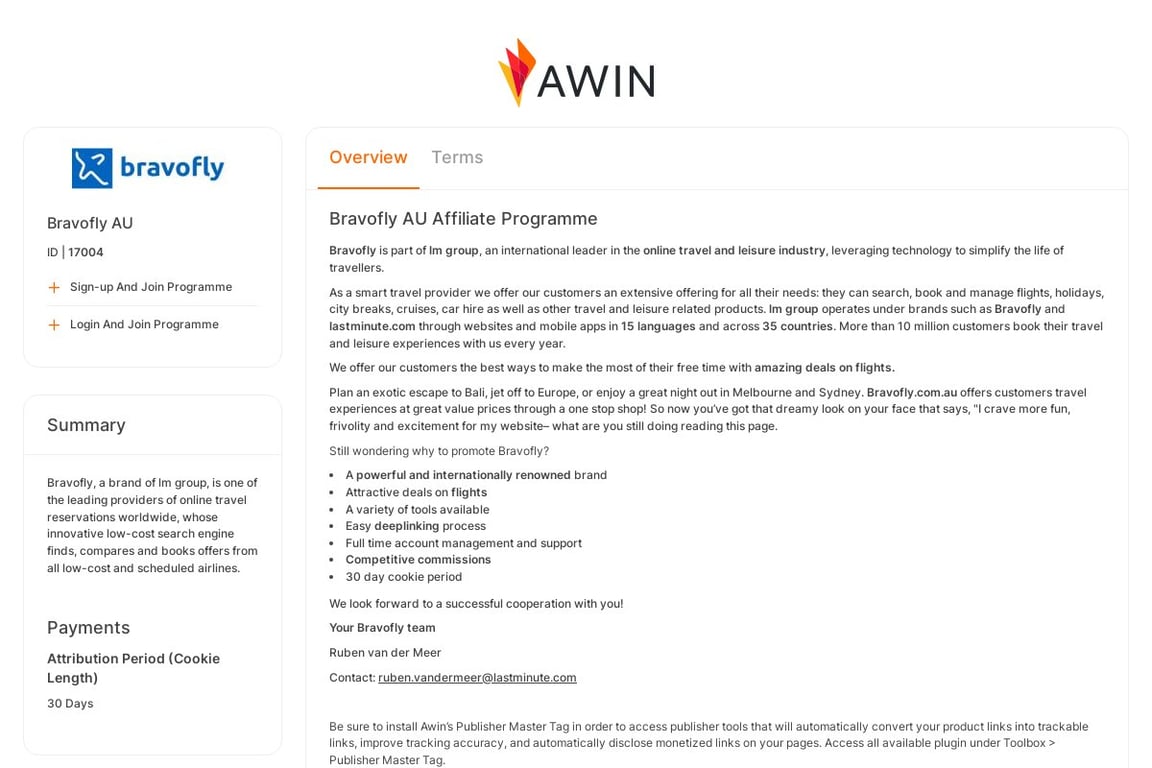 Bravofly AU affiliate program signup page