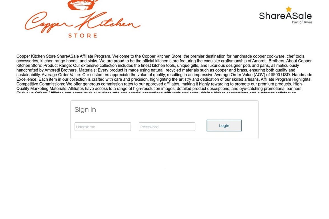Copper Kitchen Store affiliate program signup page