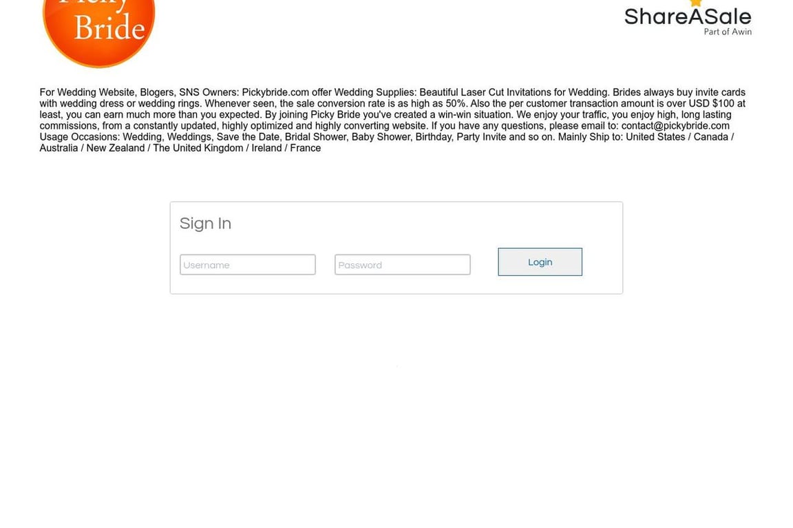 Picky Bride affiliate program signup page