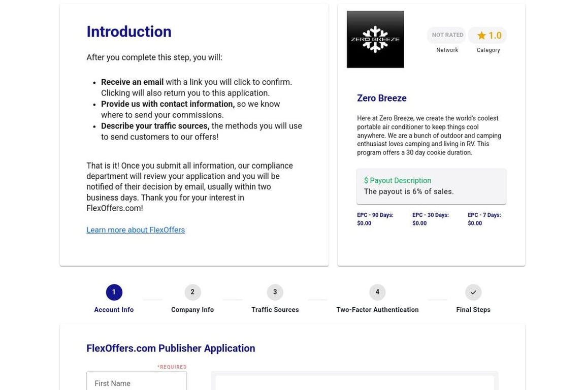 Zero Breeze affiliate program signup page