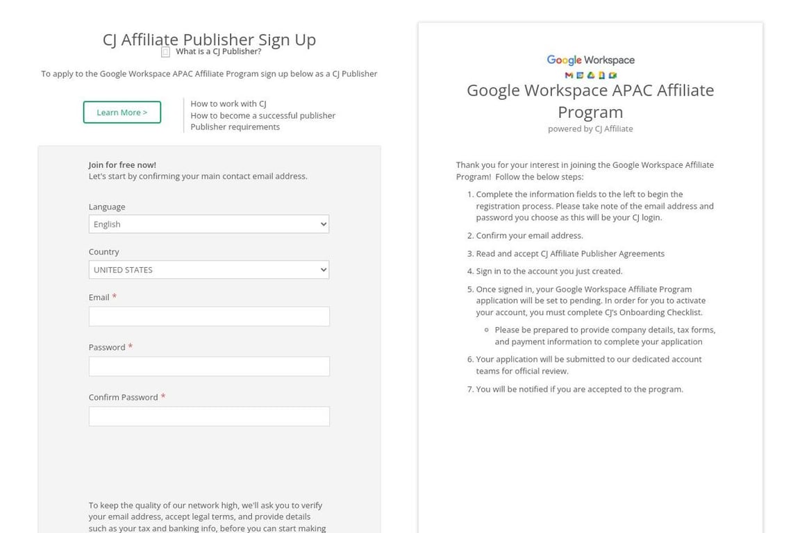 Google Domains NA affiliate program signup page