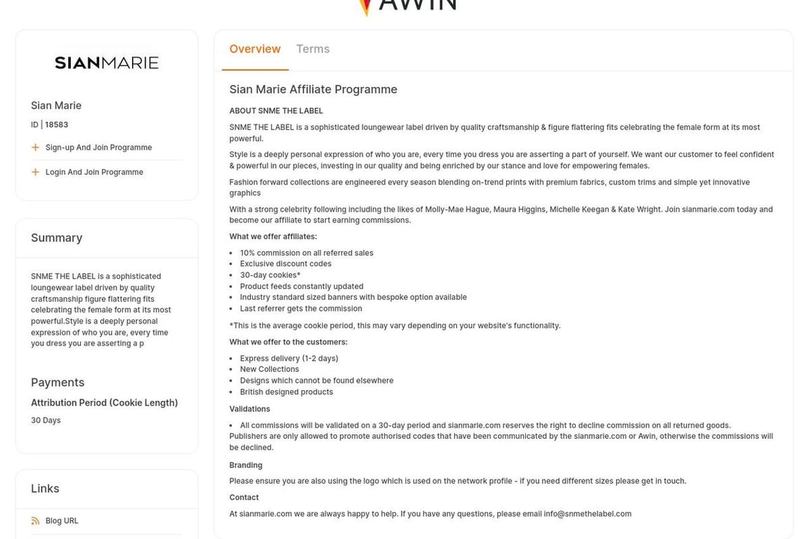 Sian Marie affiliate program signup page