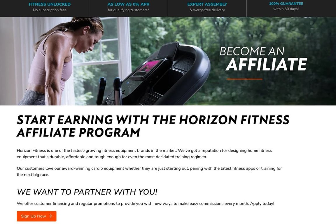Horizon Fitness affiliate program signup page