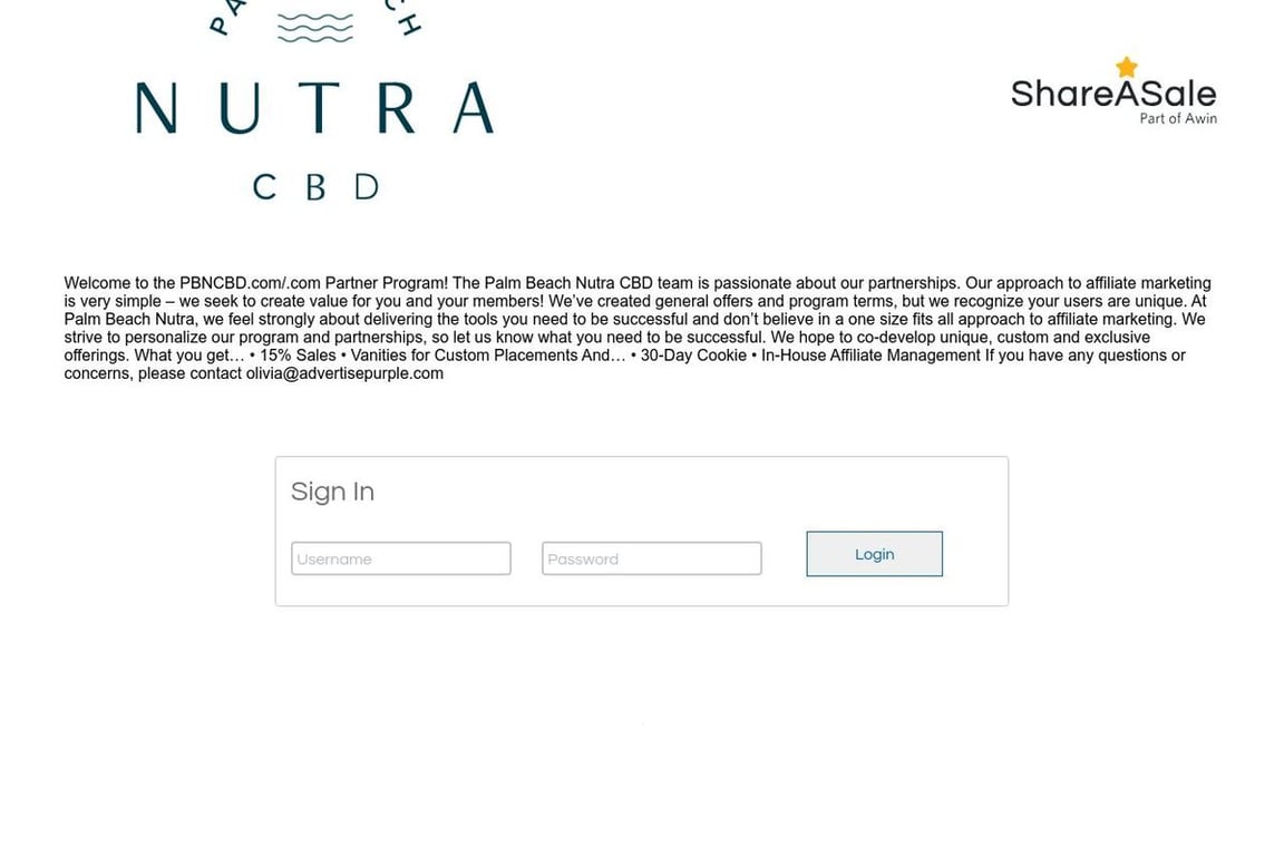 Palm Beach Nutra CBD affiliate program signup page