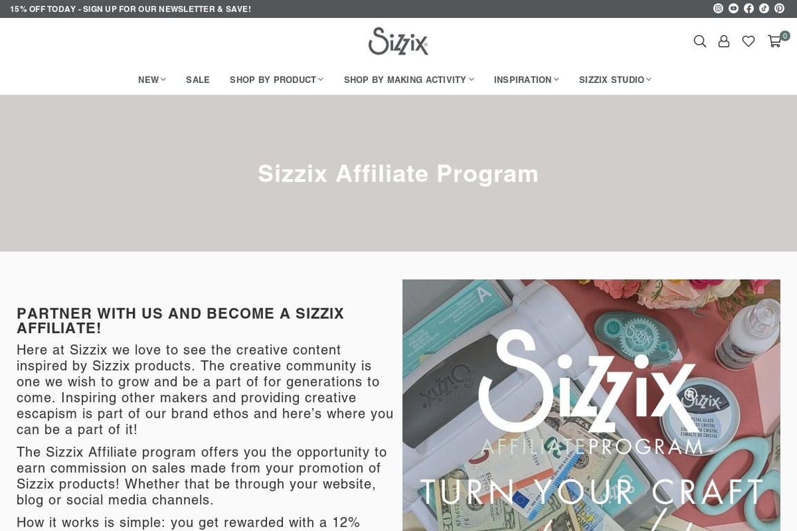 Sizzix affiliate program signup page