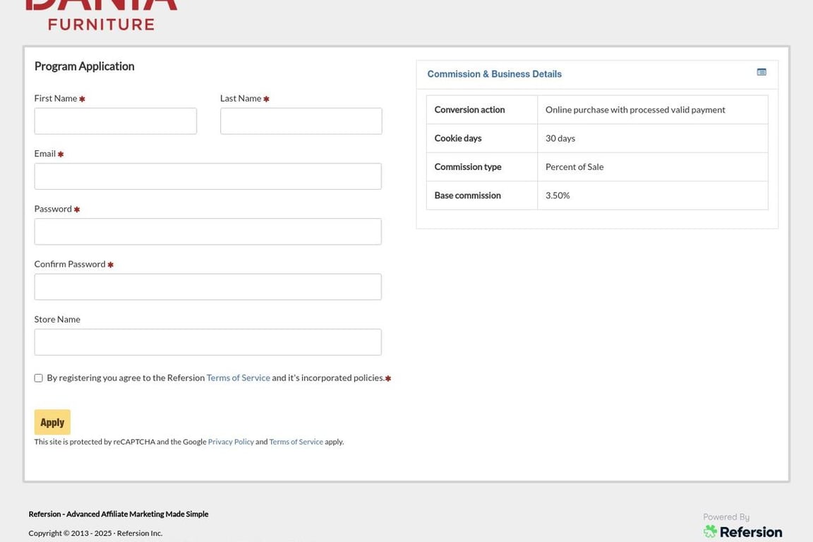 Dania Furniture affiliate program signup page