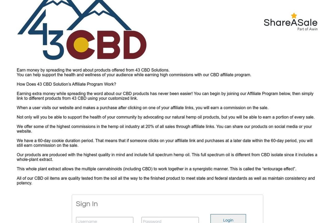 43 CBD Solutions affiliate program signup page