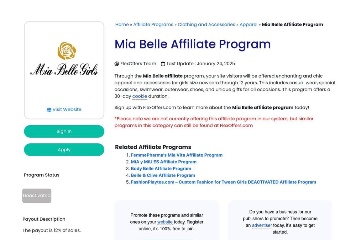 Mia Belle Baby affiliate program signup page