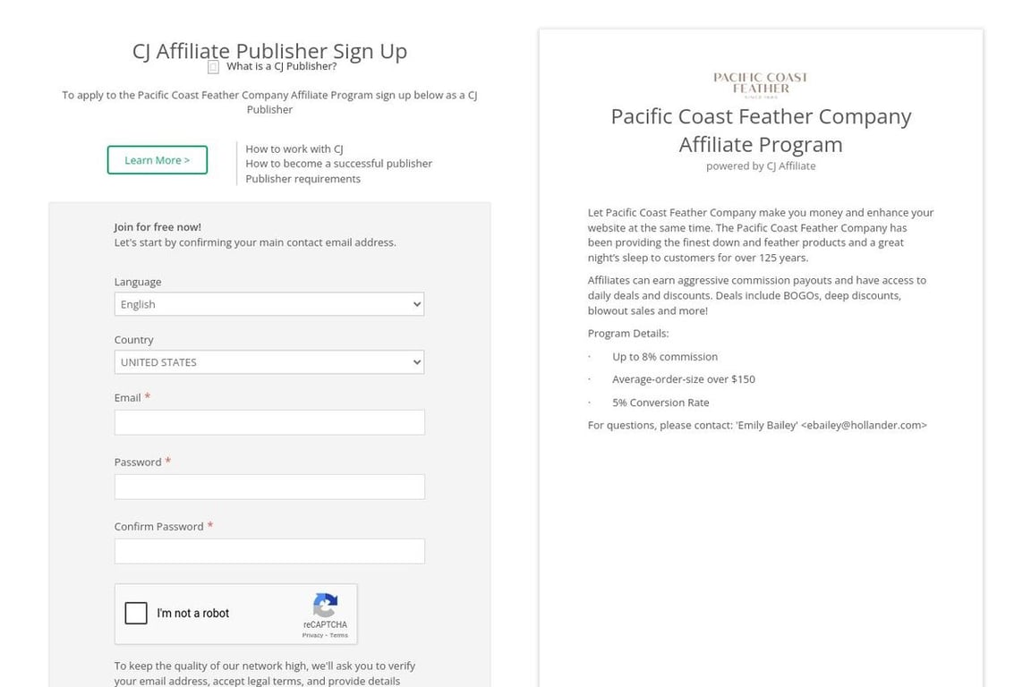 Pacific Coast Feather Company affiliate program signup page