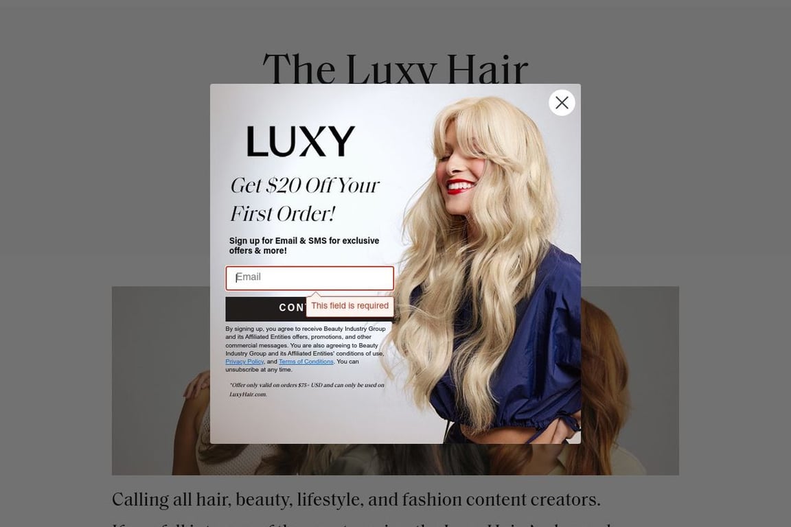 Luxy Hair affiliate program signup page