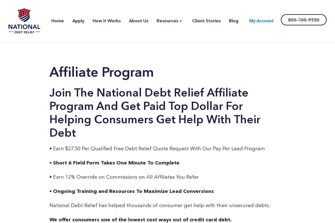 National Debt Relief affiliate program signup page