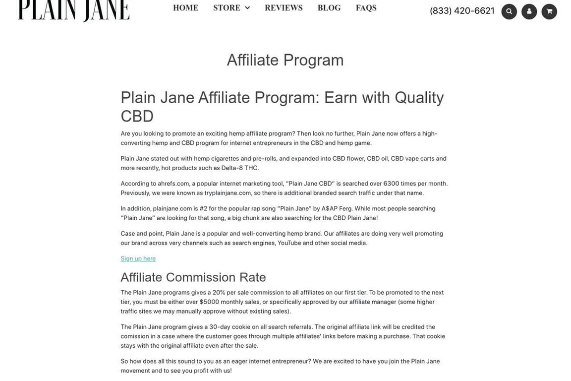 Plain Jane affiliate program signup page