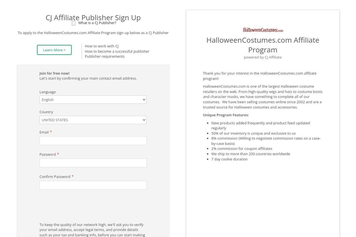 HalloweenCostumes.com affiliate program signup page