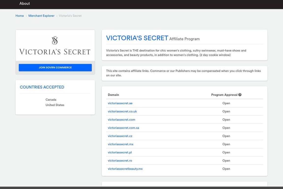 Victoria’s Secret affiliate program signup page