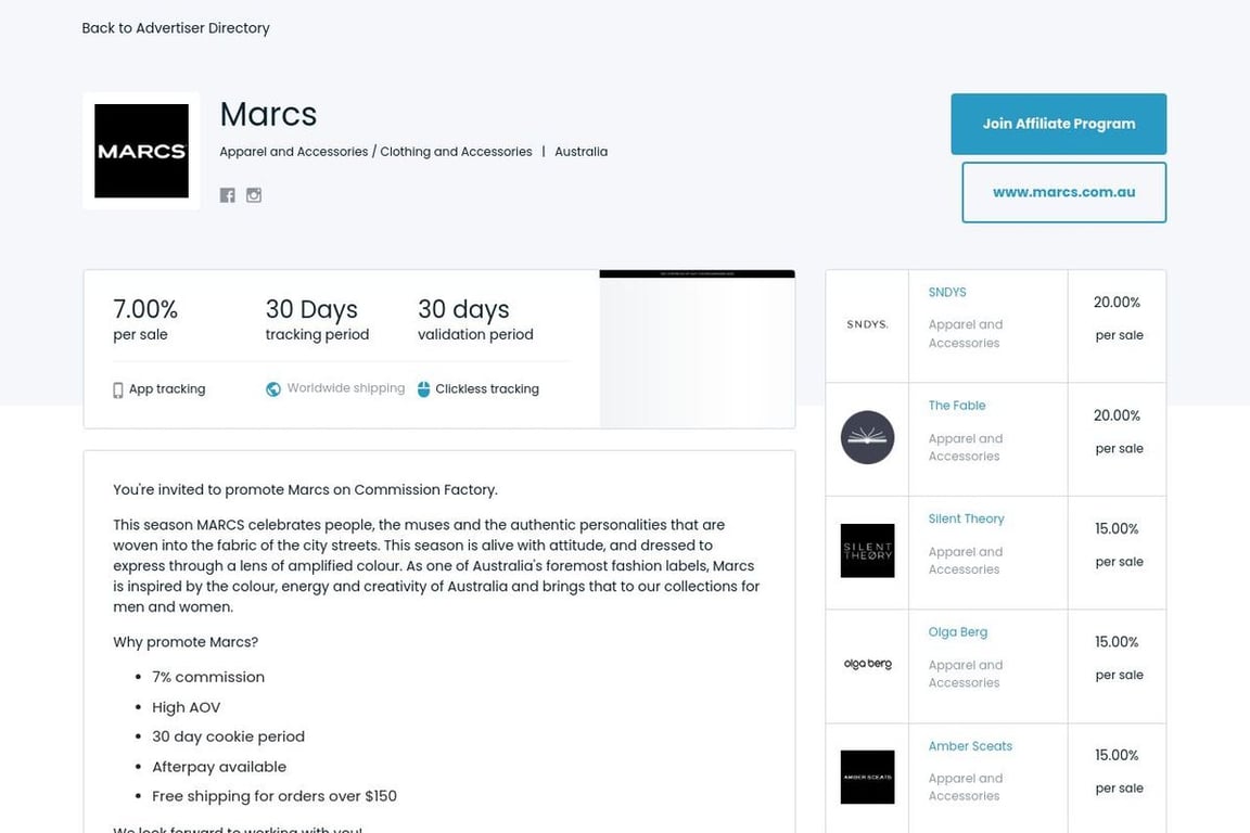 Marcs affiliate program signup page